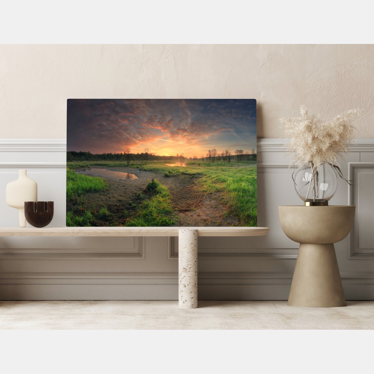 Obraz na płótnie zachód słońca nad spokojną łąką – Wallissimo® Obraz na płótnie zachód słońca nad spokojną łąką – Wallissimo®