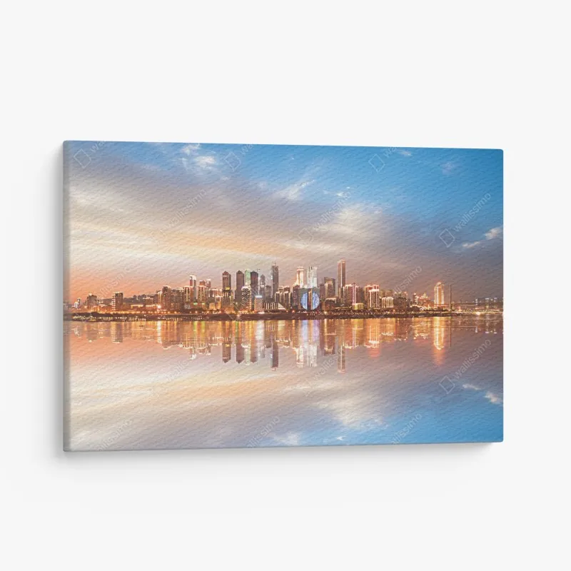 Obraz na płótnie panorama miasta odbita w wodzie o zmierzchu