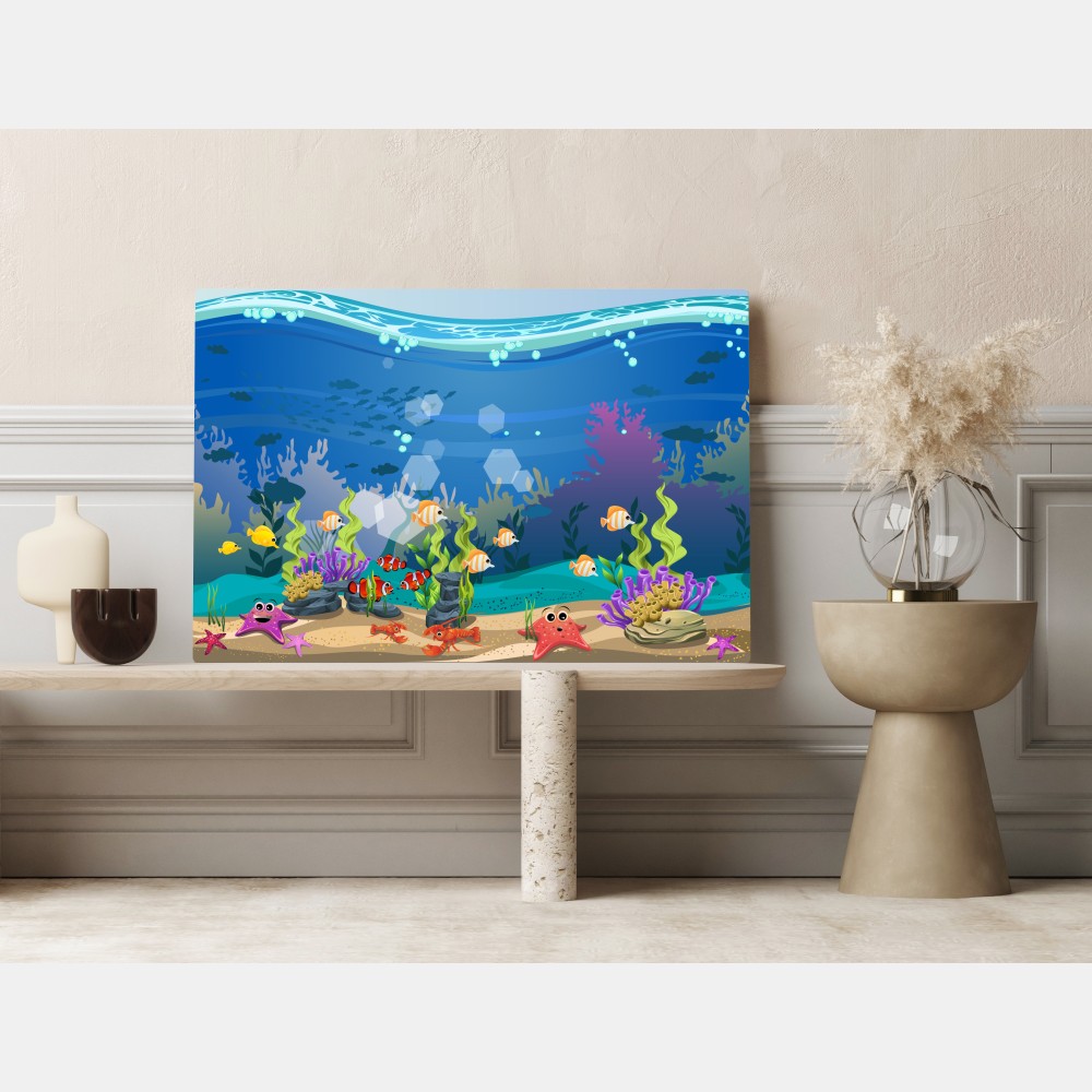 Obraz na płótnie zabawna podwodna scena z rafą koralową – Wallissimo® Obraz na płótnie zabawna podwodna scena z rafą koralową – Wallissimo®