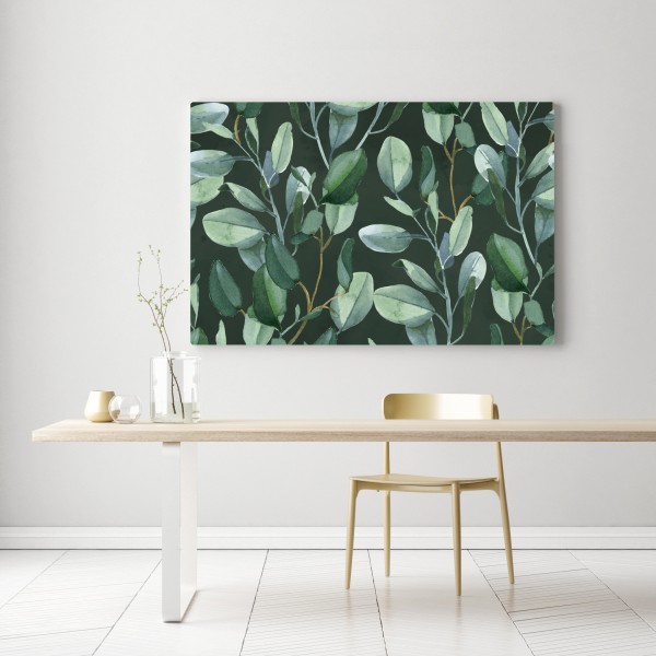 Obraz na płótnie wzór akwarelowy z liśćmi eukaliptusa na ciemnozielonym tle – Wallissimo® Obraz na płótnie wzór akwarelowy z liśćmi eukaliptusa na ciemnozielonym tle – Wallissimo®