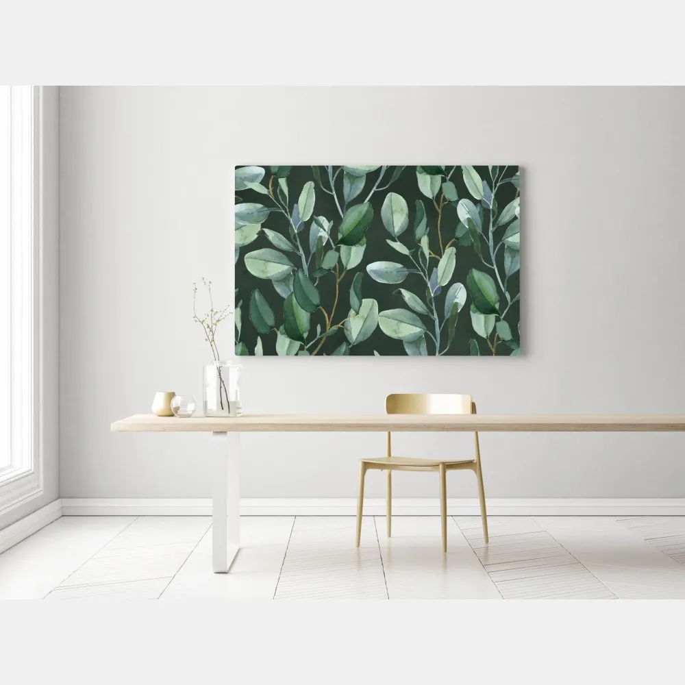 Obraz na płótnie wzór akwarelowy z liśćmi eukaliptusa na ciemnozielonym tle – Wallissimo® Obraz na płótnie wzór akwarelowy z liśćmi eukaliptusa na ciemnozielonym tle – Wallissimo®
