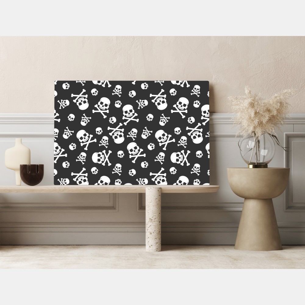 Obraz na płótnie biały wzór czaszek na szarym tle – Wallissimo® Obraz na płótnie biały wzór czaszek na szarym tle – Wallissimo®