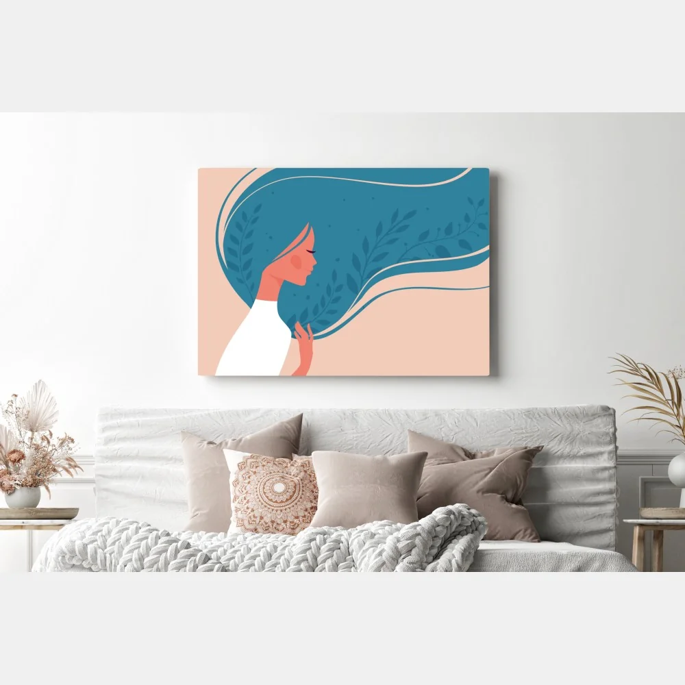 Obraz na płótnie spokojny kwiatowy profil z falującymi włosami – Wallissimo® Obraz na płótnie spokojny kwiatowy profil z falującymi włosami – Wallissimo®