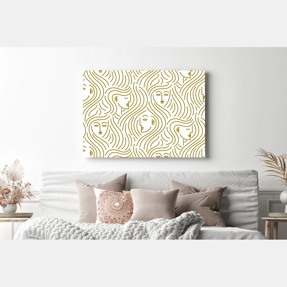 Obraz na płótnie złote fale i abstrakcyjne twarze bezszwowy wzór – Wallissimo® Obraz na płótnie złote fale i abstrakcyjne twarze bezszwowy wzór – Wallissimo®