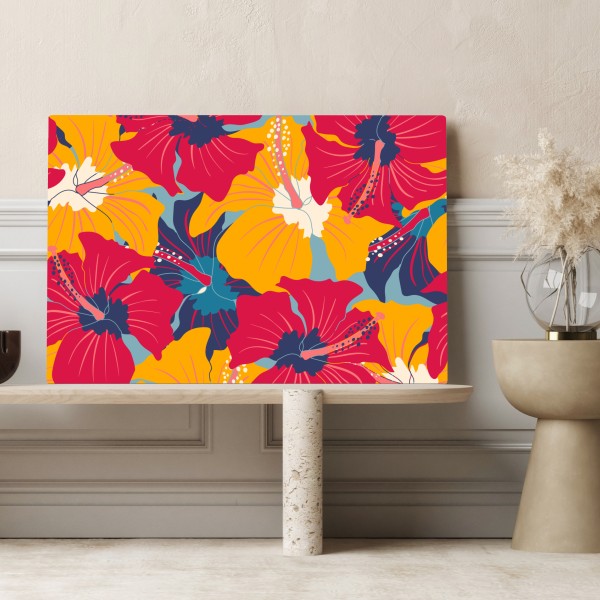Obraz na płótnie żywy wzór hibiskusa w stylu retro – Wallissimo® Obraz na płótnie żywy wzór hibiskusa w stylu retro – Wallissimo®