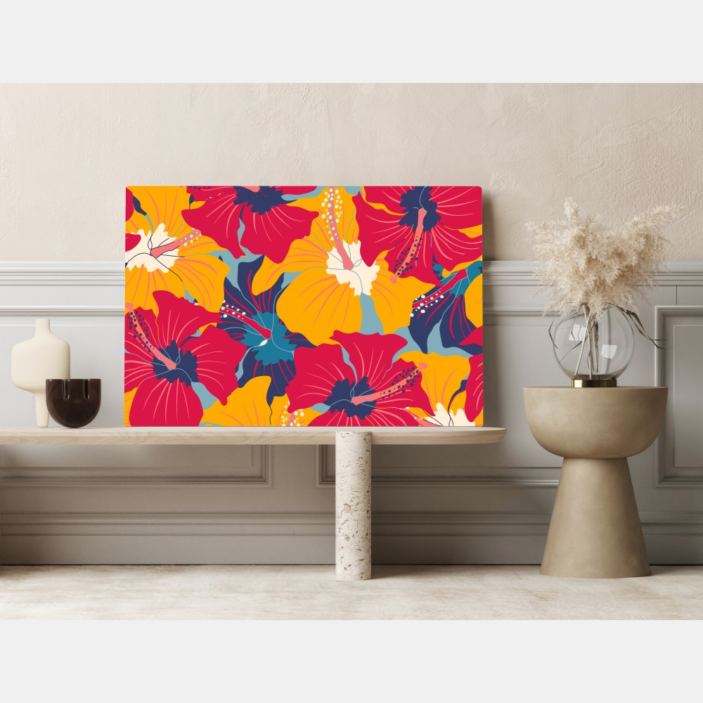 Obraz na płótnie żywy wzór hibiskusa w stylu retro – Wallissimo® Obraz na płótnie żywy wzór hibiskusa w stylu retro – Wallissimo®