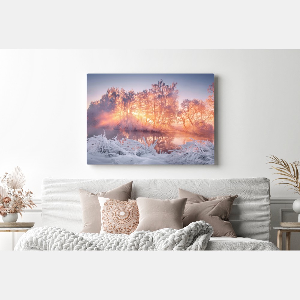 Obraz na płótnie zimowy wschód słońca nad zamarzniętą rzeką – Wallissimo® Obraz na płótnie zimowy wschód słońca nad zamarzniętą rzeką – Wallissimo®