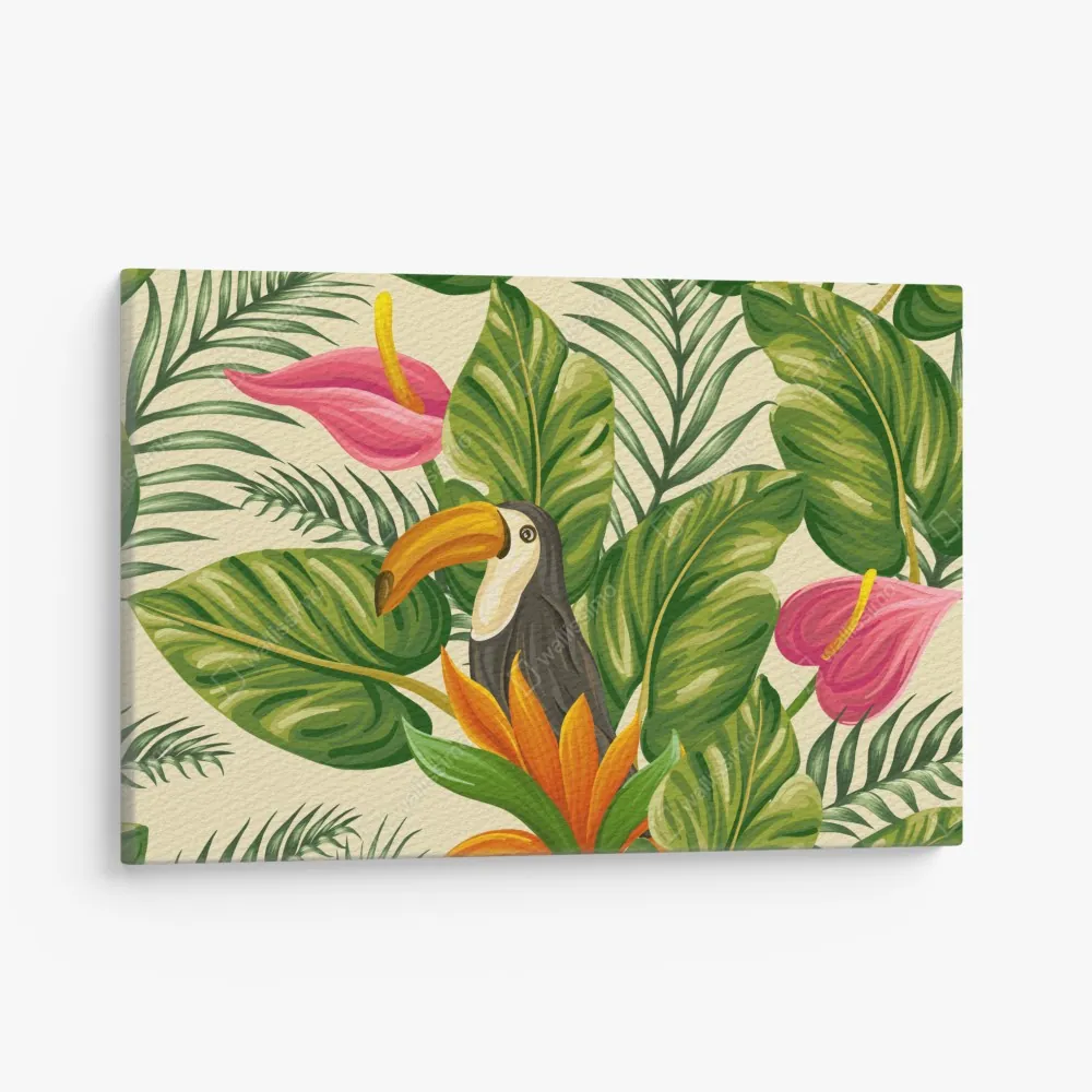 Obraz na płótnie tropikalny wzór botaniczny z tukanem – Wallissimo®