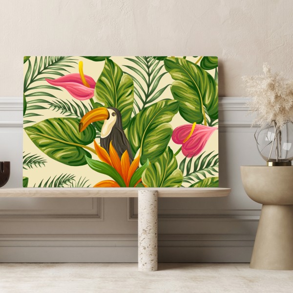Obraz na płótnie tropikalny wzór botaniczny z tukanem – Wallissimo®