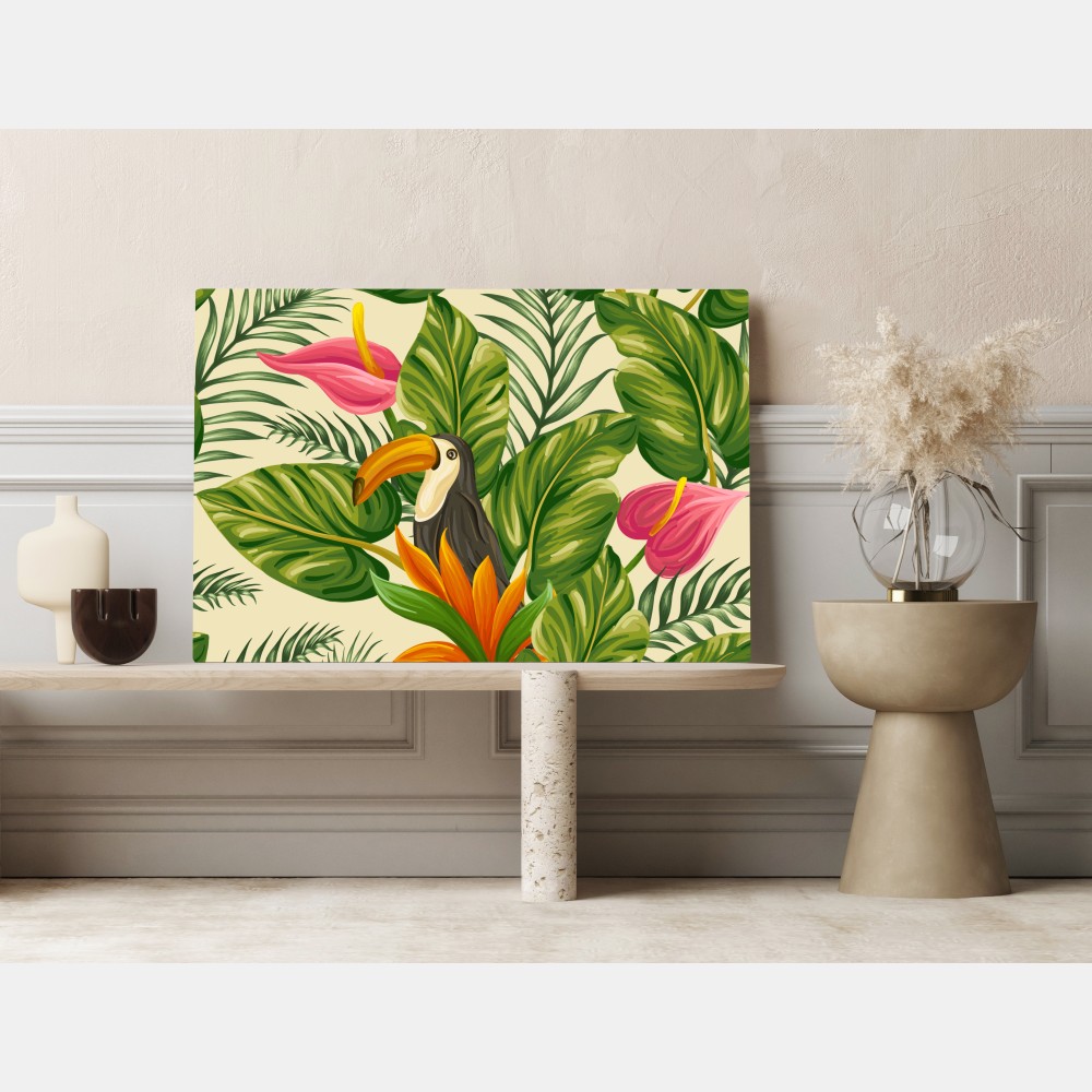 Obraz na płótnie tropikalny wzór botaniczny z tukanem – Wallissimo®