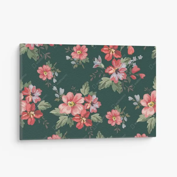 Obraz na płótnie vintage różowy wzór kwiatowy na głębokiej zieleni
