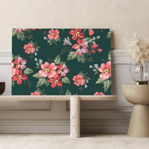 Obraz na płótnie vintage różowy wzór kwiatowy na głębokiej zieleni – Wallissimo® Obraz na płótnie vintage różowy wzór kwiatowy na głębokiej zieleni – Wallissimo®