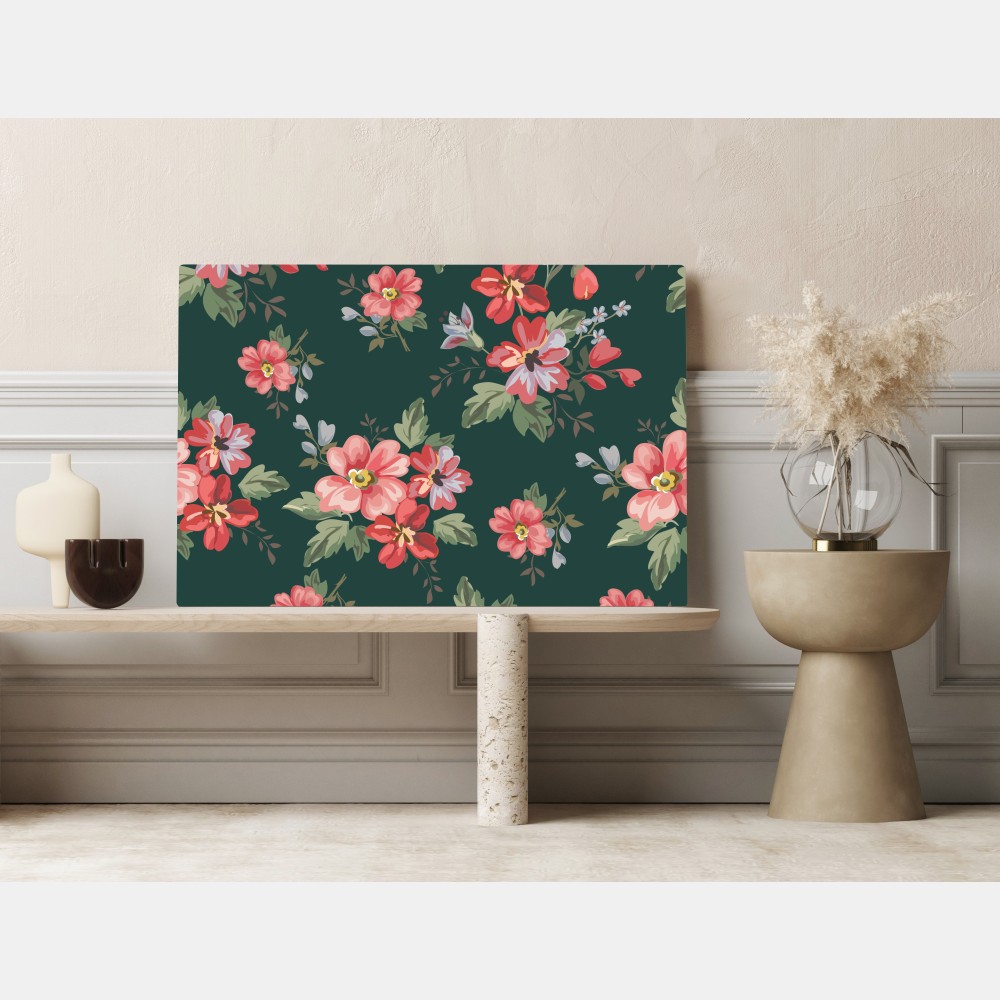 Obraz na płótnie vintage różowy wzór kwiatowy na głębokiej zieleni – Wallissimo® Obraz na płótnie vintage różowy wzór kwiatowy na głębokiej zieleni – Wallissimo®