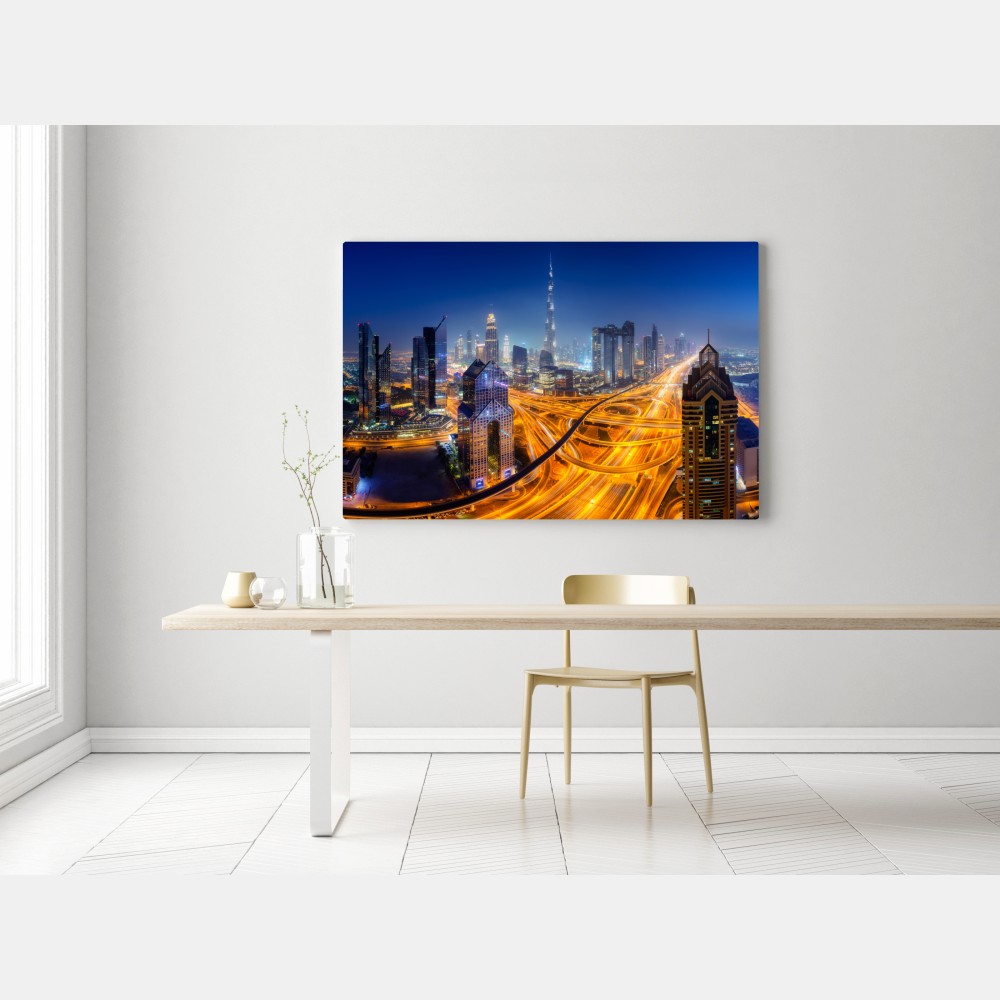 Obraz na płótnie panorama nocnego Dubaju – Wallissimo® Obraz na płótnie panorama nocnego Dubaju – Wallissimo®