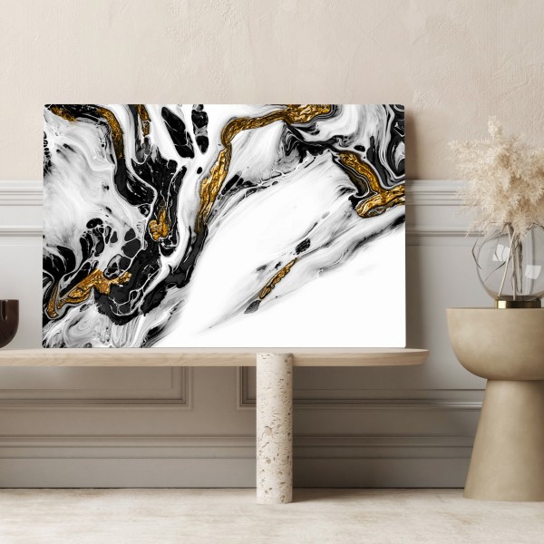 Obraz na płótnie czarno-biała abstrakcja ze złotymi żyłami – Wallissimo® Obraz na płótnie czarno-biała abstrakcja ze złotymi żyłami – Wallissimo®