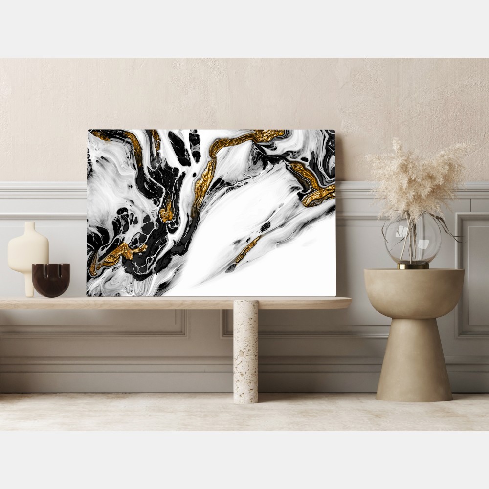 Obraz na płótnie czarno-biała abstrakcja ze złotymi żyłami – Wallissimo® Obraz na płótnie czarno-biała abstrakcja ze złotymi żyłami – Wallissimo®