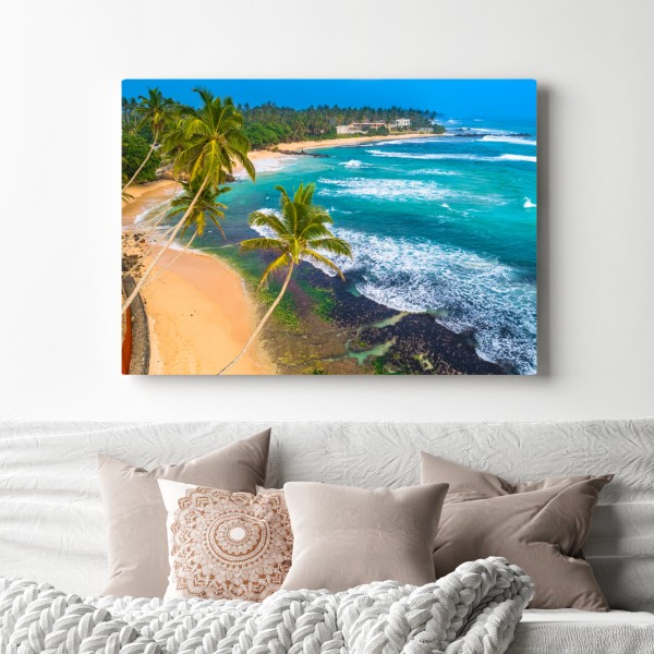 Obraz na płótnie turkusowe tropikalne wybrzeże z palmami – Wallissimo® Obraz na płótnie turkusowe tropikalne wybrzeże z palmami – Wallissimo®