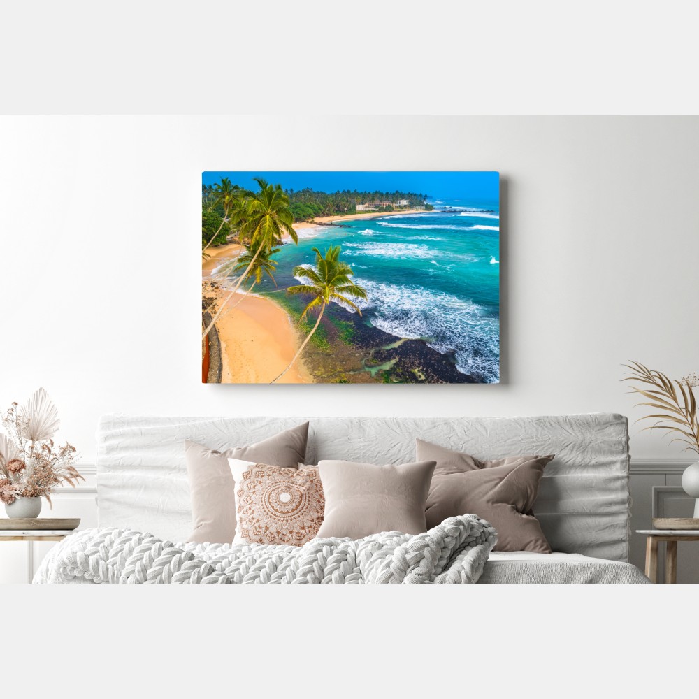 Obraz na płótnie turkusowe tropikalne wybrzeże z palmami – Wallissimo® Obraz na płótnie turkusowe tropikalne wybrzeże z palmami – Wallissimo®