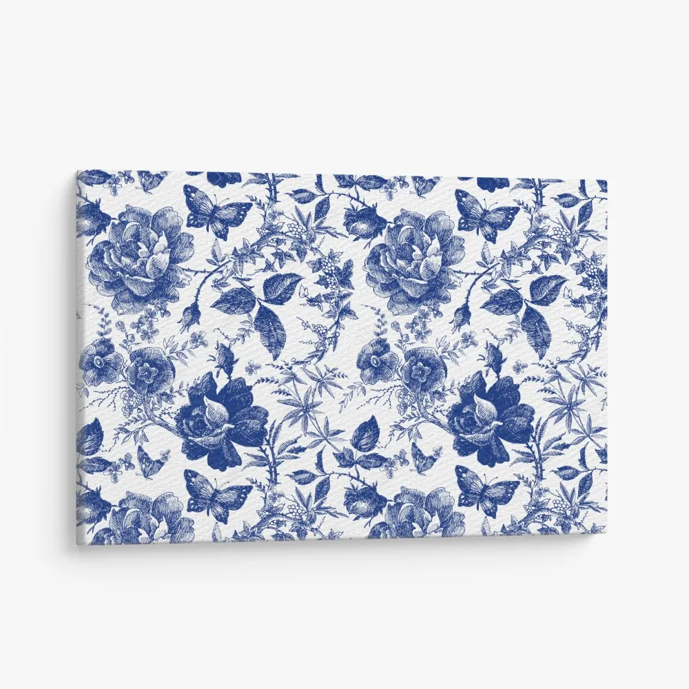 Obraz na płótnie niebieski kwiatowy wzór toile – Wallissimo® Obraz na płótnie niebieski kwiatowy wzór toile – Wallissimo®