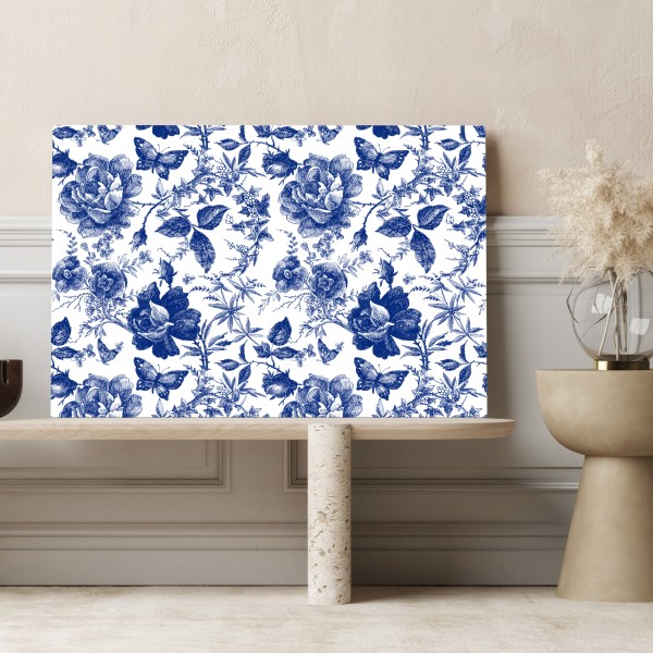 Obraz na płótnie niebieski kwiatowy wzór toile – Wallissimo® Obraz na płótnie niebieski kwiatowy wzór toile – Wallissimo®
