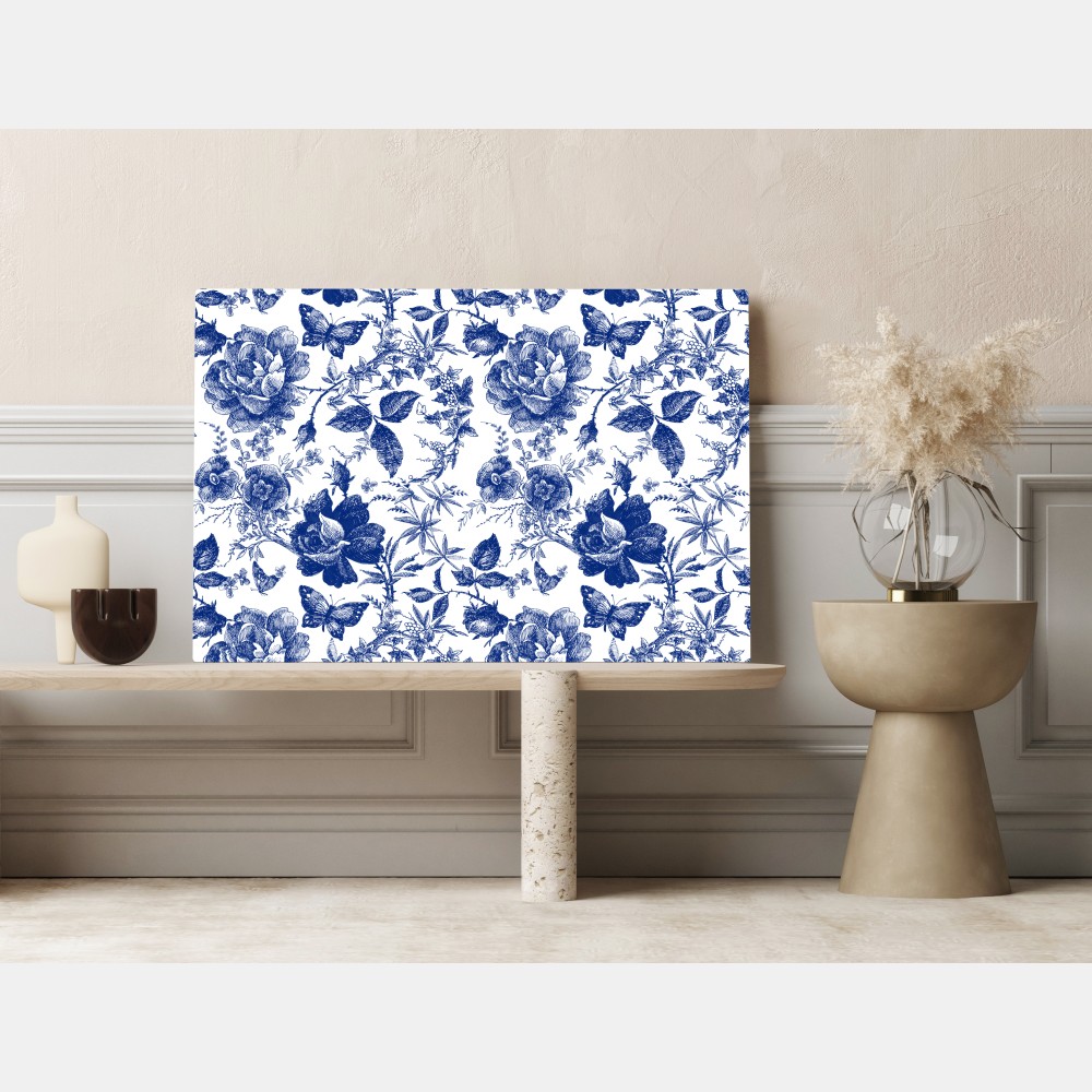 Obraz na płótnie niebieski kwiatowy wzór toile – Wallissimo® Obraz na płótnie niebieski kwiatowy wzór toile – Wallissimo®