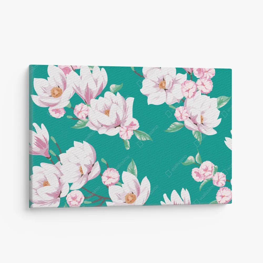 Obraz na płótnie pastelowy wzór magnolii na turkusowym tle – Wallissimo® Obraz na płótnie pastelowy wzór magnolii na turkusowym tle – Wallissimo®