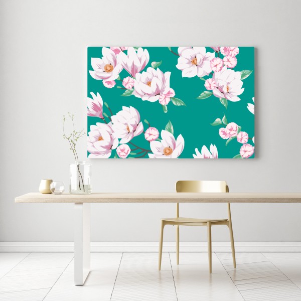 Obraz na płótnie pastelowy wzór magnolii na turkusowym tle – Wallissimo® Obraz na płótnie pastelowy wzór magnolii na turkusowym tle – Wallissimo®