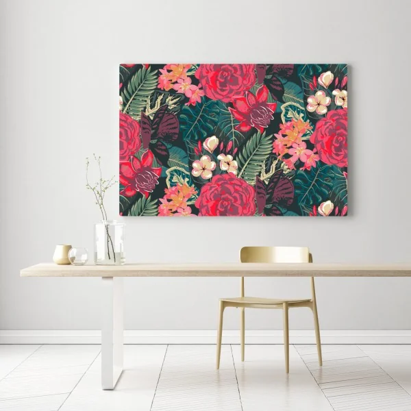 Obraz na płótnie tropikalny wzór kwiatowy w różu i turkusie – Wallissimo® Obraz na płótnie tropikalny wzór kwiatowy w różu i turkusie – Wallissimo®