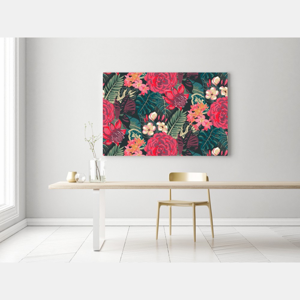 Obraz na płótnie tropikalny wzór kwiatowy w różu i turkusie – Wallissimo® Obraz na płótnie tropikalny wzór kwiatowy w różu i turkusie – Wallissimo®