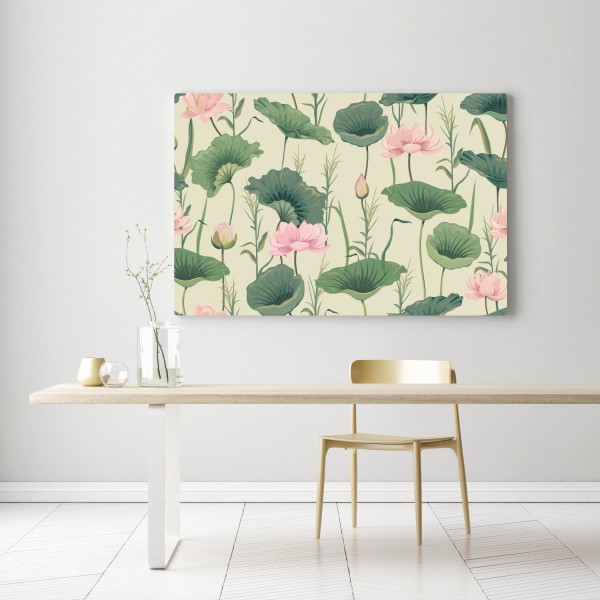 Obraz na płótnie delikatny ogród lotosów wzór botaniczny – Wallissimo® Obraz na płótnie delikatny ogród lotosów wzór botaniczny – Wallissimo®