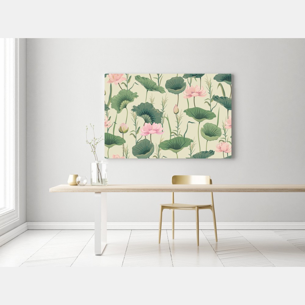 Obraz na płótnie delikatny ogród lotosów wzór botaniczny – Wallissimo® Obraz na płótnie delikatny ogród lotosów wzór botaniczny – Wallissimo®