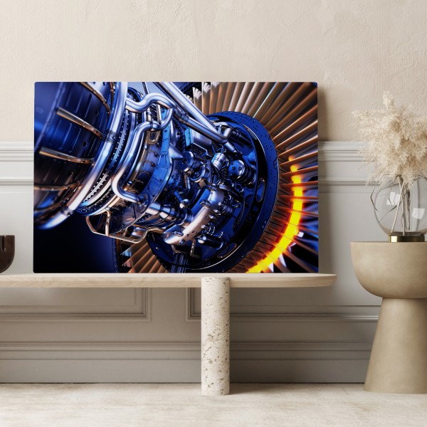 Obraz na płótnie zbliżenie turbiny silnika odrzutowego w niebieskich i pomarańczowych tonach – Wallissimo® Obraz na płótnie zbliżenie turbiny silnika odrzutowego w niebieskich i pomarańczowych tonach – Wallissimo®