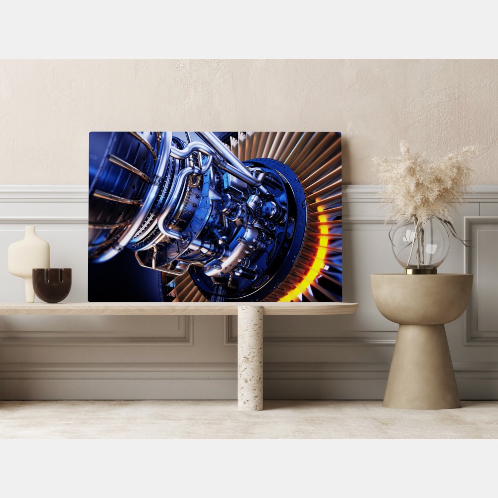 Obraz na płótnie zbliżenie turbiny silnika odrzutowego w niebieskich i pomarańczowych tonach – Wallissimo® Obraz na płótnie zbliżenie turbiny silnika odrzutowego w niebieskich i pomarańczowych tonach – Wallissimo®
