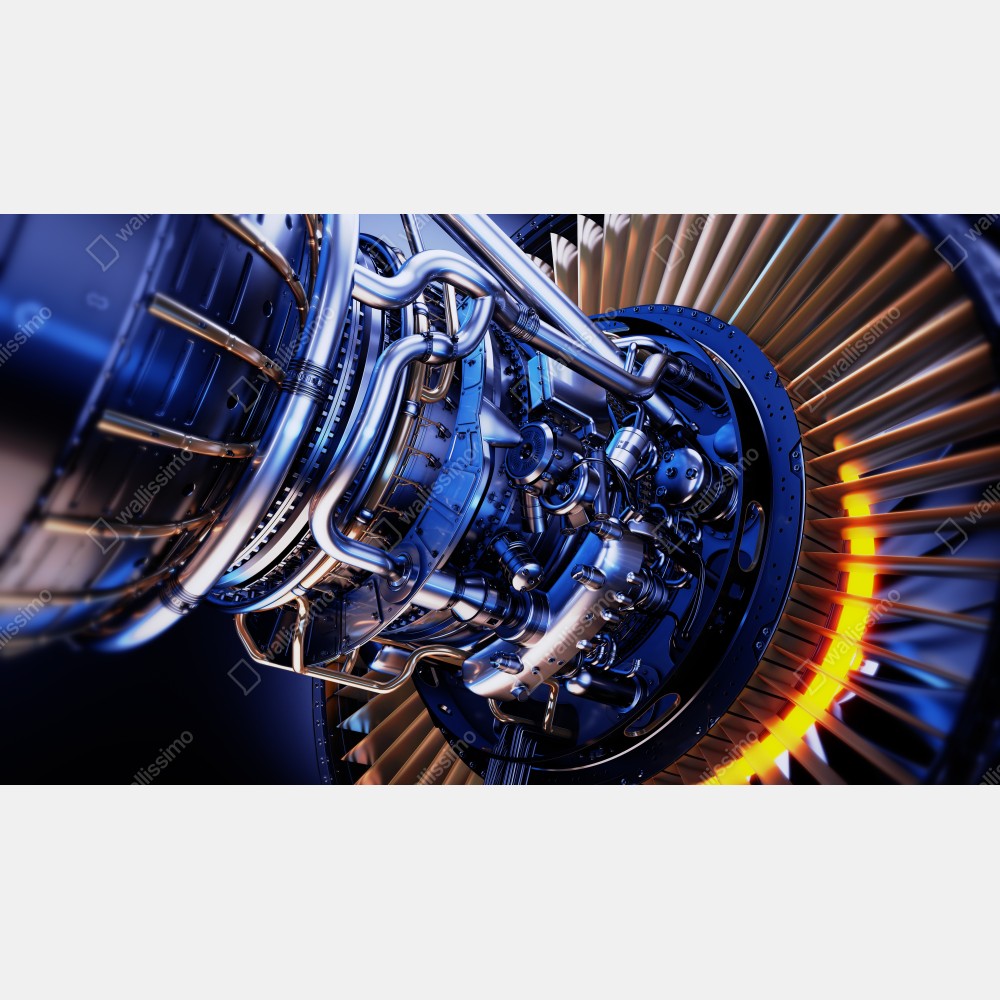 Obraz na płótnie zbliżenie turbiny silnika odrzutowego w niebieskich i pomarańczowych tonach – Wallissimo® Obraz na płótnie zbliżenie turbiny silnika odrzutowego w niebieskich i pomarańczowych tonach – Wallissimo®