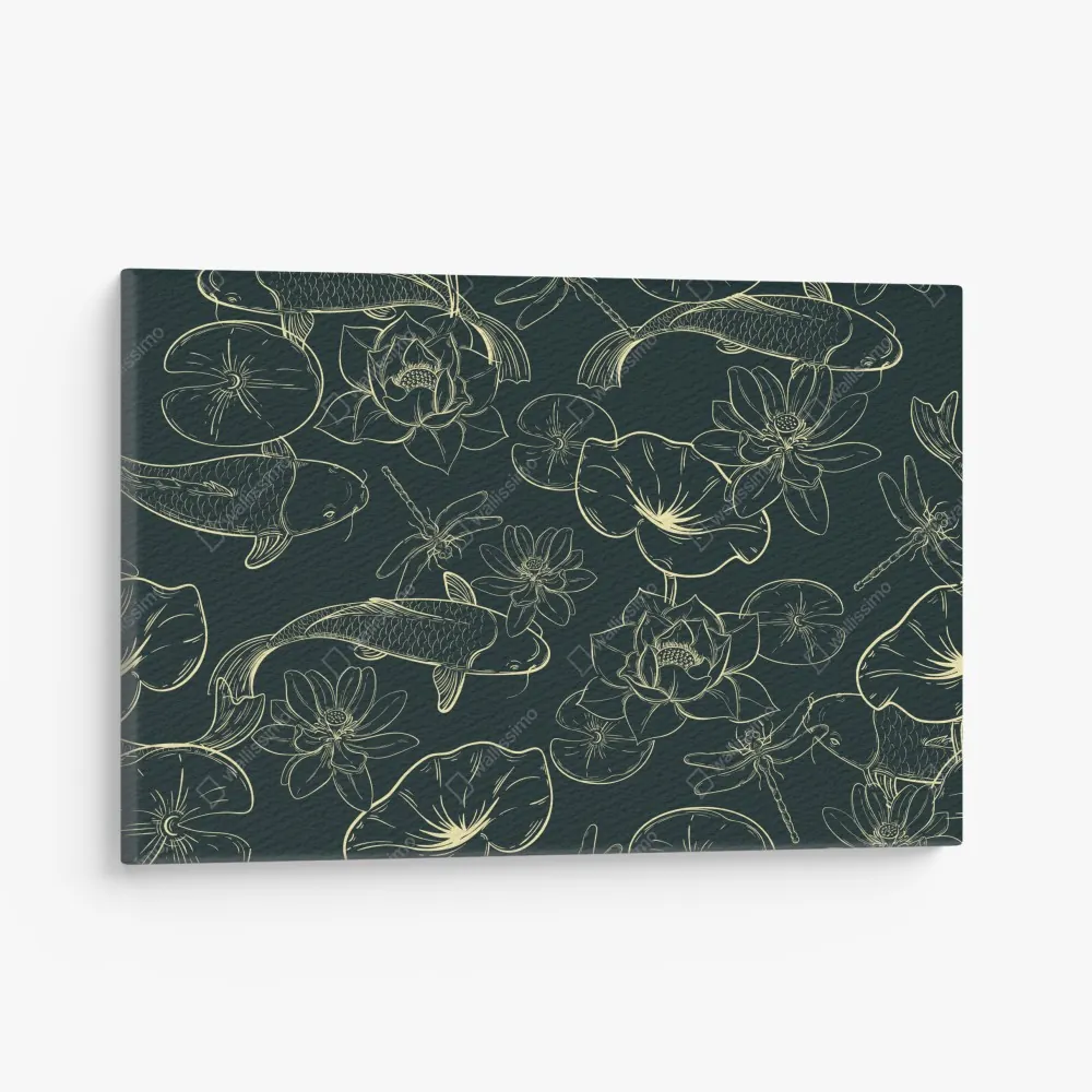 Obraz na płótnie ręcznie rysowany wzór koi i lotosu – Wallissimo® Obraz na płótnie ręcznie rysowany wzór koi i lotosu – Wallissimo®