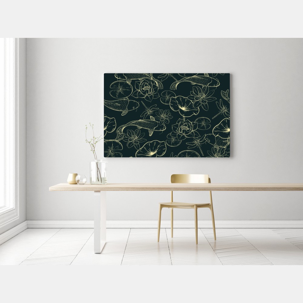 Obraz na płótnie ręcznie rysowany wzór koi i lotosu – Wallissimo® Obraz na płótnie ręcznie rysowany wzór koi i lotosu – Wallissimo®