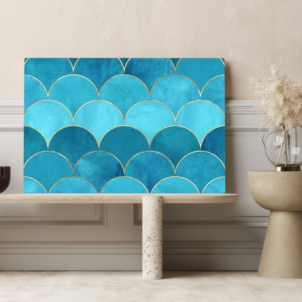 Obraz na płótnie turkusowy wzór łusek z złotymi detalami – Wallissimo® Obraz na płótnie turkusowy wzór łusek z złotymi detalami – Wallissimo®