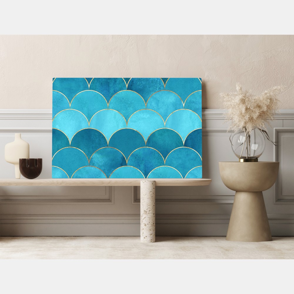 Obraz na płótnie turkusowy wzór łusek z złotymi detalami – Wallissimo® Obraz na płótnie turkusowy wzór łusek z złotymi detalami – Wallissimo®