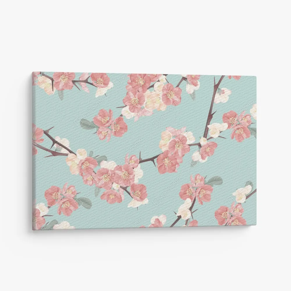Obraz na płótnie pastelowy wzór kwiatów wiśni na miętowym tle – Wallissimo® Obraz na płótnie pastelowy wzór kwiatów wiśni na miętowym tle – Wallissimo®
