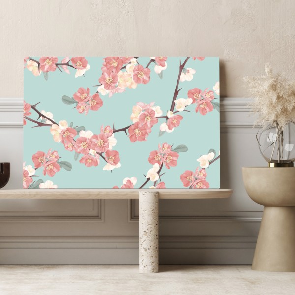 Obraz na płótnie pastelowy wzór kwiatów wiśni na miętowym tle – Wallissimo® Obraz na płótnie pastelowy wzór kwiatów wiśni na miętowym tle – Wallissimo®