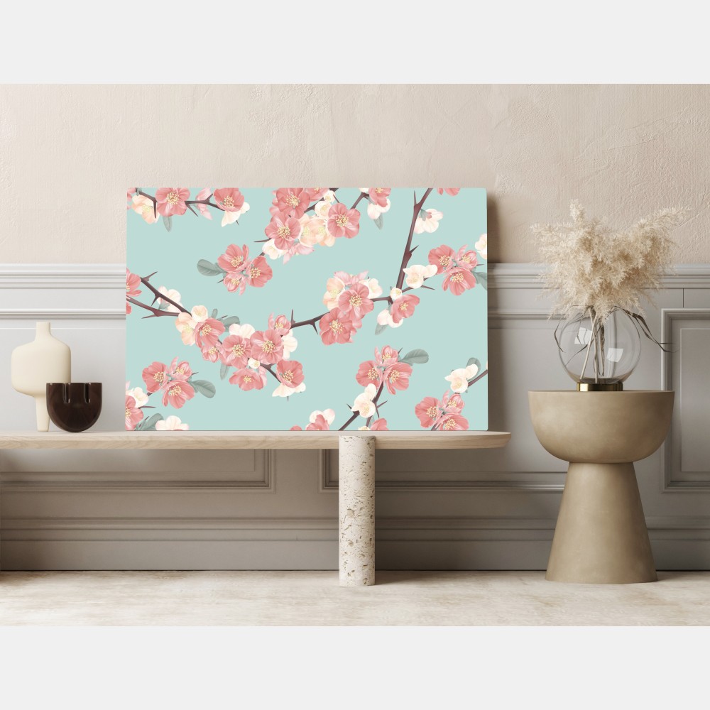 Obraz na płótnie pastelowy wzór kwiatów wiśni na miętowym tle – Wallissimo® Obraz na płótnie pastelowy wzór kwiatów wiśni na miętowym tle – Wallissimo®