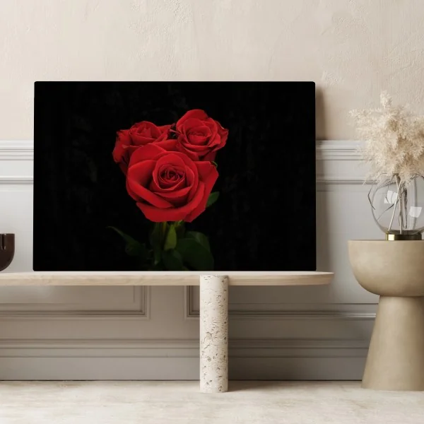Obraz na płótnie czerwone róże na czarnym tle – Wallissimo® Obraz na płótnie czerwone róże na czarnym tle – Wallissimo®