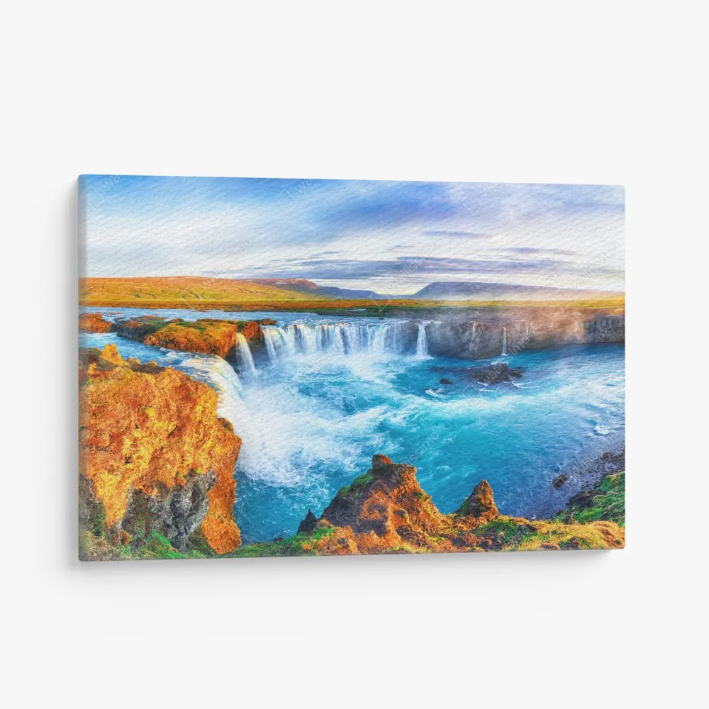 Obraz na płótnie panorama wodospadu Godafoss o wschodzie słońca – Wallissimo® Obraz na płótnie panorama wodospadu Godafoss o wschodzie słońca – Wallissimo®