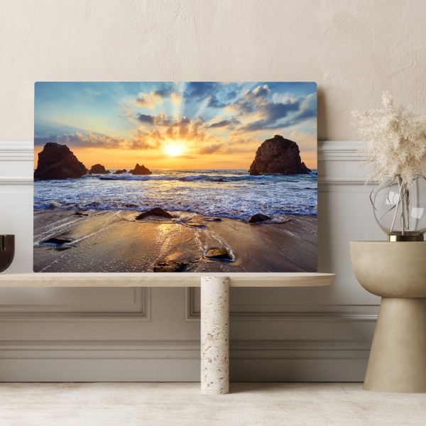 Obraz na płótnie zachód słońca nad skalistym wybrzeżem – Wallissimo® Obraz na płótnie zachód słońca nad skalistym wybrzeżem – Wallissimo®