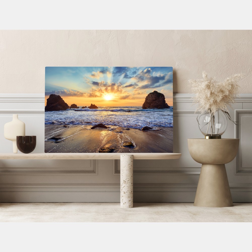 Obraz na płótnie zachód słońca nad skalistym wybrzeżem – Wallissimo® Obraz na płótnie zachód słońca nad skalistym wybrzeżem – Wallissimo®