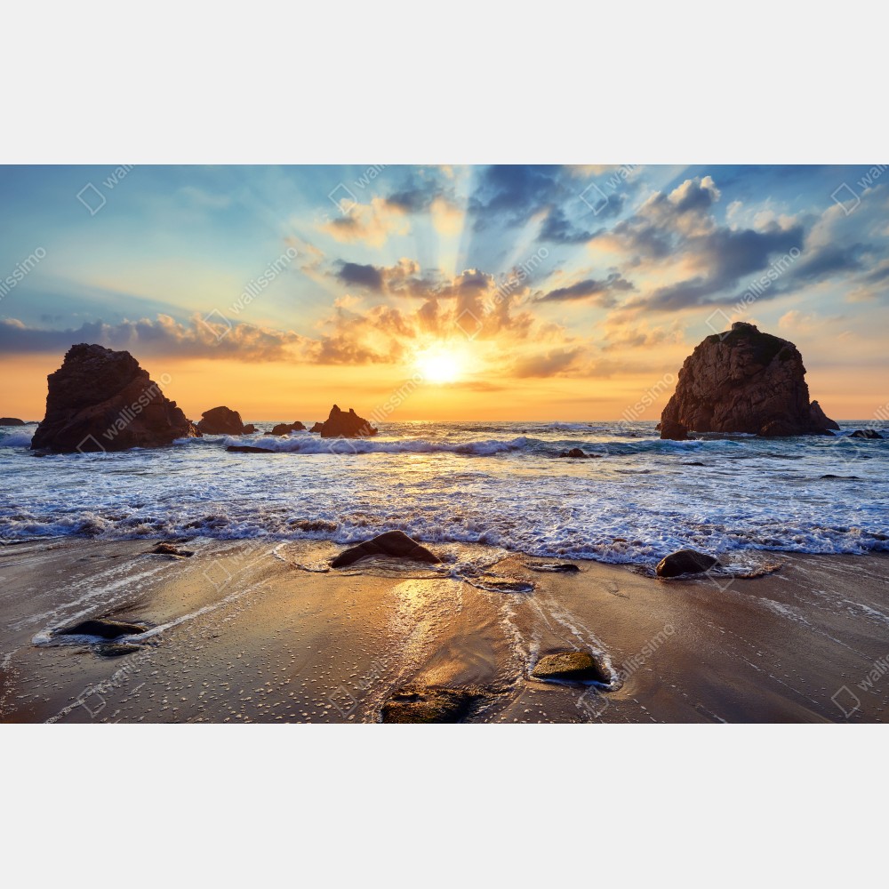 Obraz na płótnie zachód słońca nad skalistym wybrzeżem – Wallissimo® Obraz na płótnie zachód słońca nad skalistym wybrzeżem – Wallissimo®