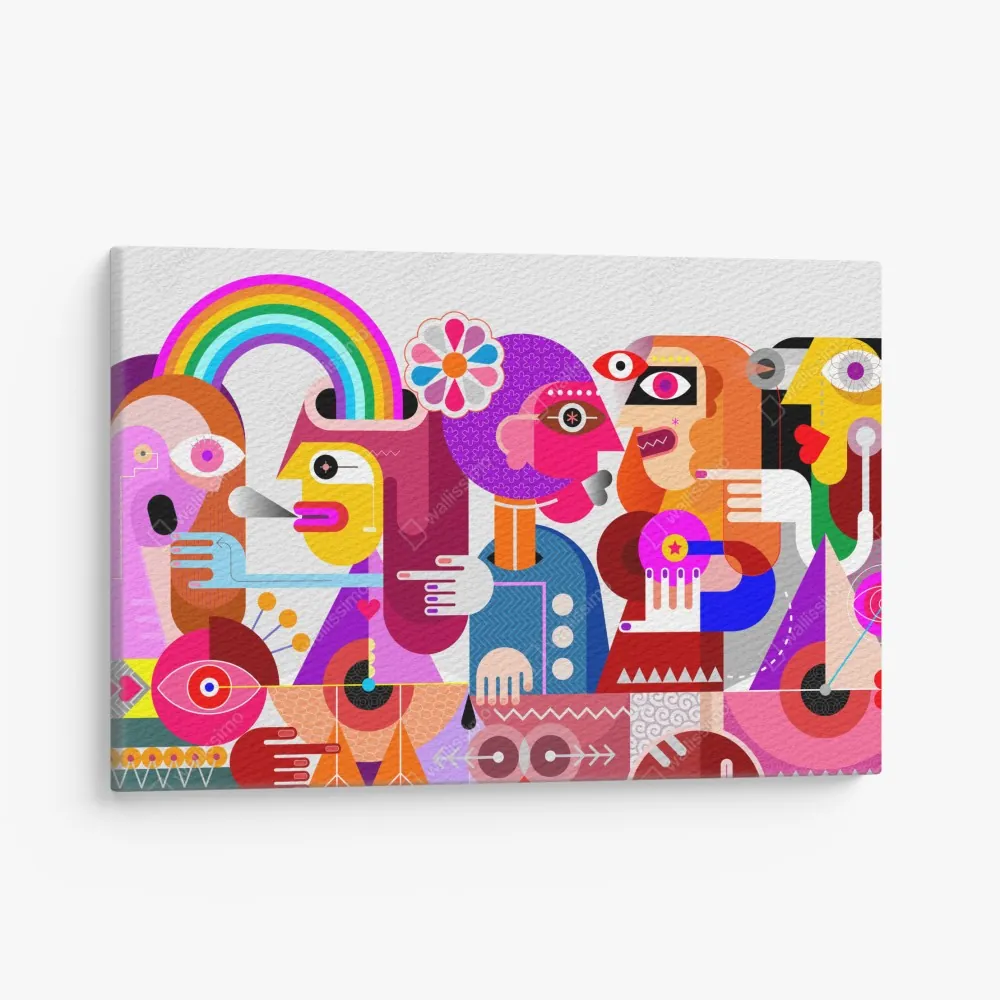 Obraz na płótnie mężczyzna z tęczą jadący na geometrycznym ptaku – Wallissimo® Obraz na płótnie mężczyzna z tęczą jadący na geometrycznym ptaku – Wallissimo®