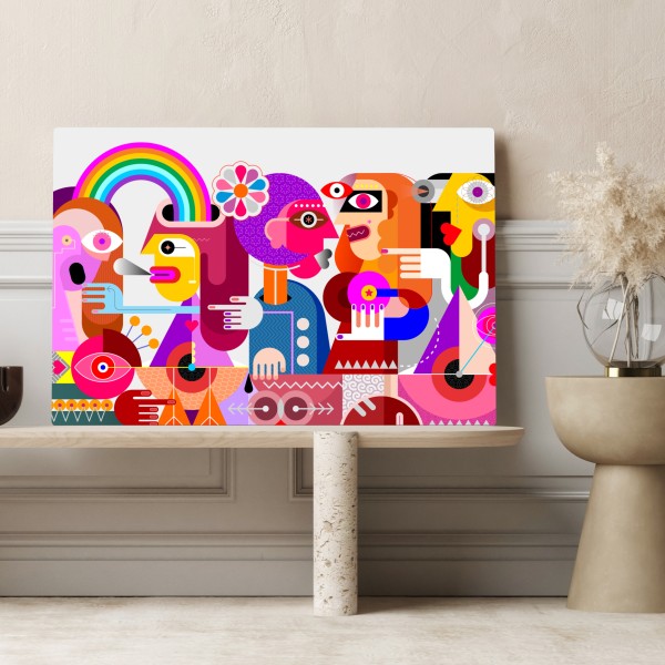 Obraz na płótnie mężczyzna z tęczą jadący na geometrycznym ptaku