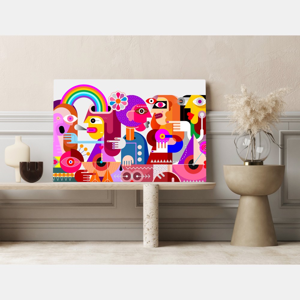 Obraz na płótnie mężczyzna z tęczą jadący na geometrycznym ptaku – Wallissimo® Obraz na płótnie mężczyzna z tęczą jadący na geometrycznym ptaku – Wallissimo®