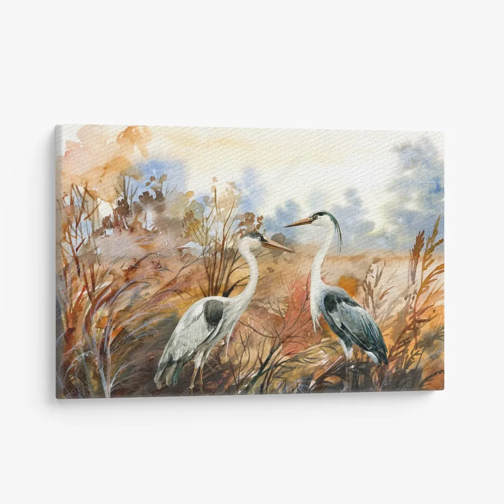 Obraz na płótnie dwie czaple na jesiennym mokradle – Wallissimo® Obraz na płótnie dwie czaple na jesiennym mokradle – Wallissimo®